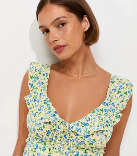 Women's Maternity Yellow Floral Print Crepe Ruffle Trim Midi Dress