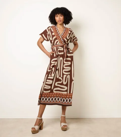 Women's Brown Abstract Print Belted Midi Dress