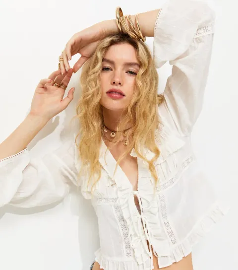 Women's White Dobby Texture Ladder Tie Crop Blouse