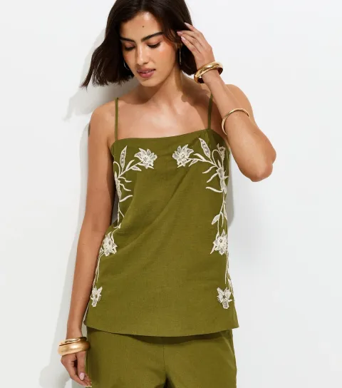 Women's Khaki Floral Tie Side Cami Top