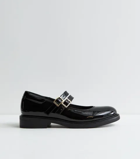 Women's Black Patent Faux Leather Mary Jane Flats Vegan