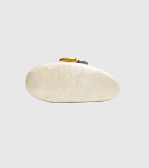 Off White Pearlised Hard Shell Oval Clutch Bag