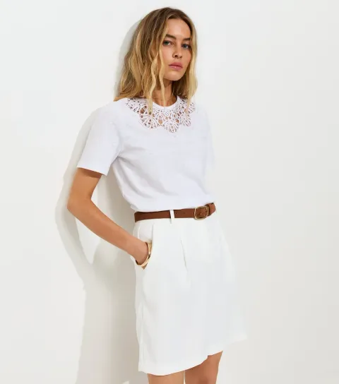 Women's White Linen Rich Lace Trim Boxy Fit T-Shirt