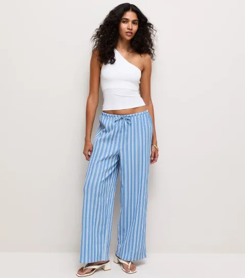 New Look Women's Blue Striped Drawstring Wide Leg Trousers