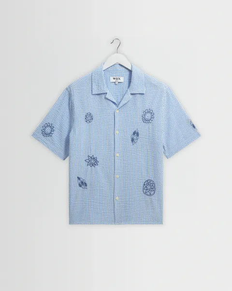 Didcot - Blue and Ecru Doodle Seersucker Short-Sleeve Shirt