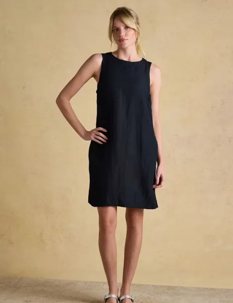 Joules Linen Blend Round Neck Mini Shift Dress Navy