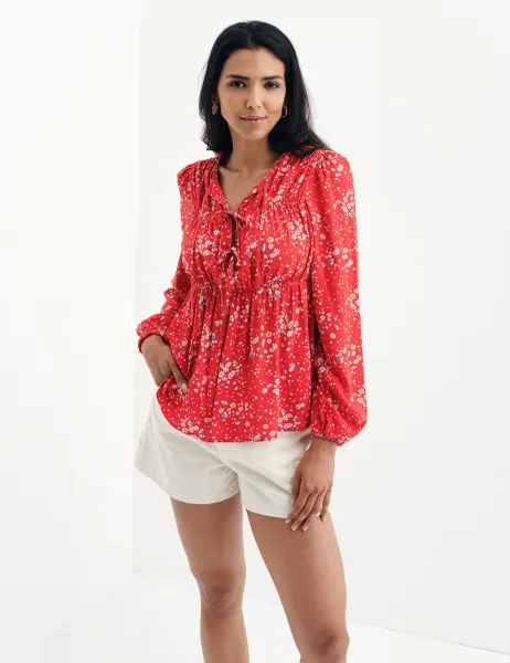 Finery London Printed Tie Neck Top Red Mix