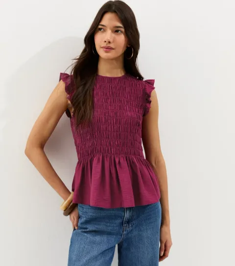 Women's Dark Pink Shirred Sleeveless Frill Top