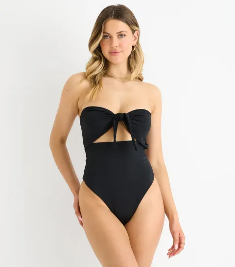 Women's Black Front Tie Bandeau Swimsuit