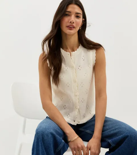 Women's Cream Cotton Rich Stitch Detail Scallop Trim Waistcoat