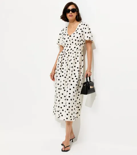 Women's Cream Spot Print Flutter Sleeve Midi Dress