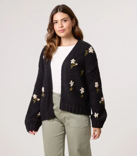 Women's Black Floral Embroidered Cardigan