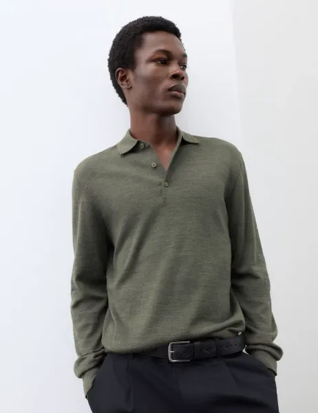 Autograph Pure Extra Fine Merino Wool Polo Shirt Khaki/Olive