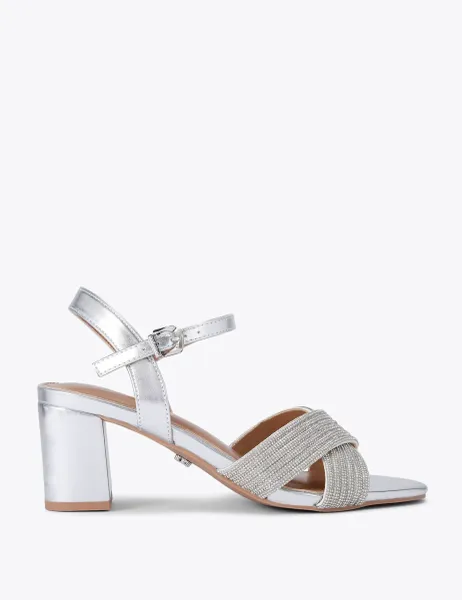 Carvela Wide Fit Metallic Sparkle Block Heel Sandals Silver