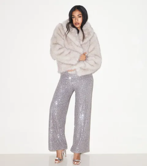 New Look Women's Petite Silver Sequin Wide Leg Trousers