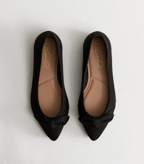 Women's Wide Fit Black Suedette Bow Trim Ballet Flats Vegan