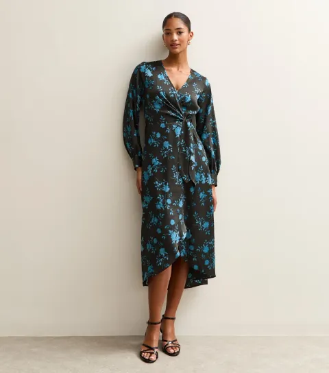 Women's Blue Floral Satin Wrap Midi Dress