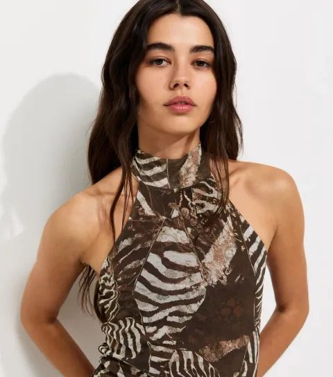 Women's Brown Mesh Animal Print Ruched Halterneck Mini Dress