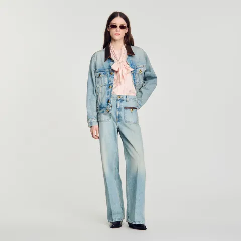 Straight-leg leather detail jeans
