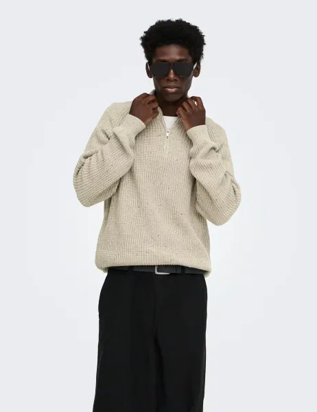 Only & Sons Cotton Rich Textured Funnel Neck Zip Up Jumper