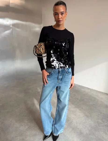 Cotton Rich Sequin Crew Neck Fitted T-Shirt Black Mix