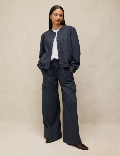 White Stuff Striped Drawstring Wide Leg Trousers Navy Mix