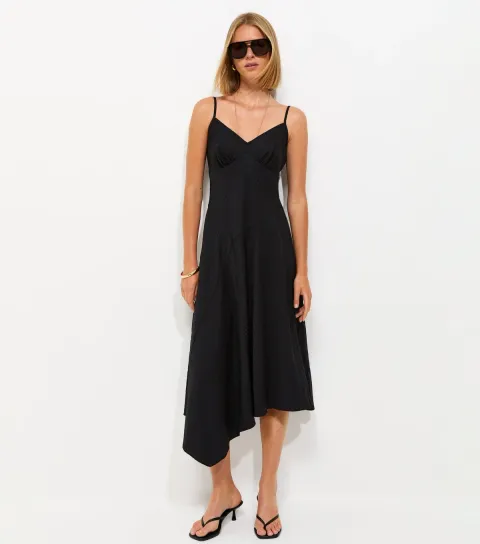 Women's Black Asymmetric Hem V-Neck Midi Dress