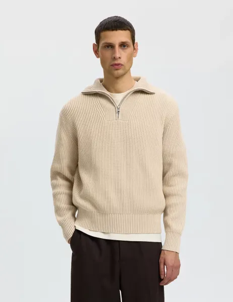 Selected Pure Cotton Ribbed Half Zip Jumper Cream