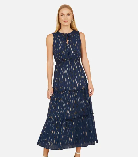 Women's Navy Foil Print Ruched Dress