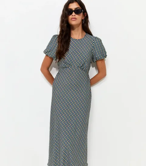 Women's Blue Check Puff Sleeve Midi Dress