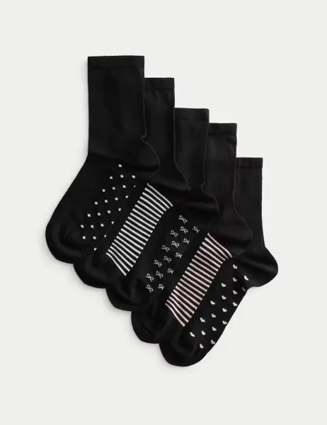 Marks & Spencer 5pk Supersoft Patterned Ankle High Socks Black Mix