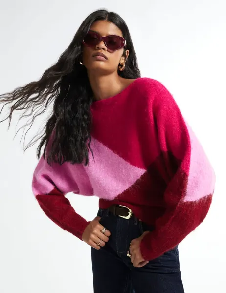 River Island Colour Block Slash Neck Batwing Sleeve Jumper Red Mix