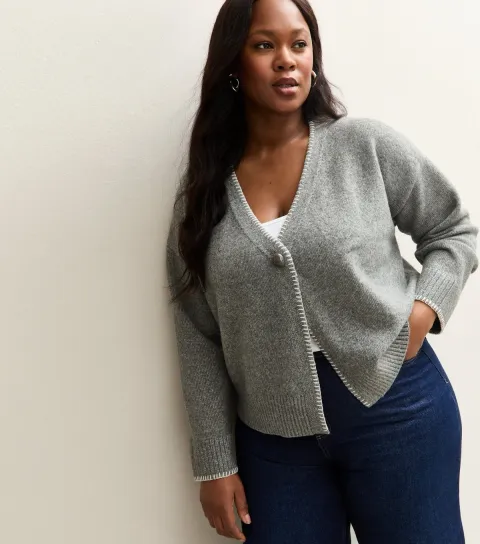 Women's Plus Size Mid Grey Blanket Stitch V-Neck Cardigan Curves