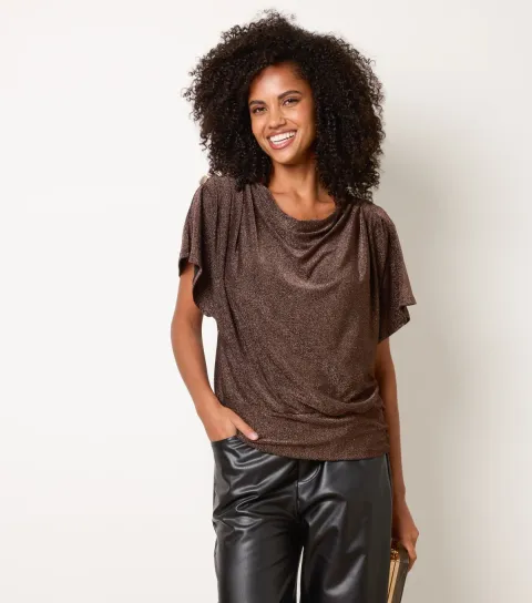 Blue Vanilla Women's Bronze Draped Cowl Neck Button Detail T-Shirt