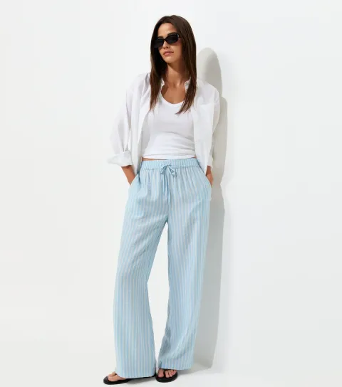 Women's Blue Striped Wide Leg Trousers