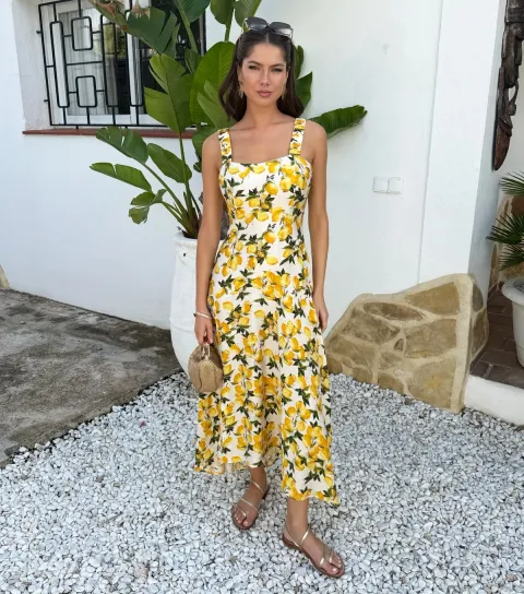 Women's Lemon Print Ruched Strap Midi Dress