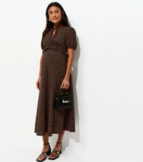 Women's Maternity Black Ditsy Short Sleeve Keyhole Midi Dress