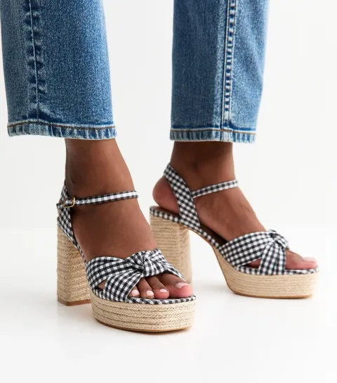 Women's Black Gingham Knot Strap Braided Platform Sandals Vegan