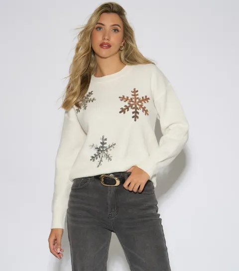 Gini London Women's Off White Sequin Snowflake Knitted Jumper