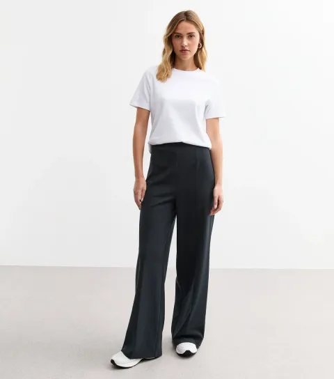 Women's Navy Wide Leg Jersey Tailored Trousers