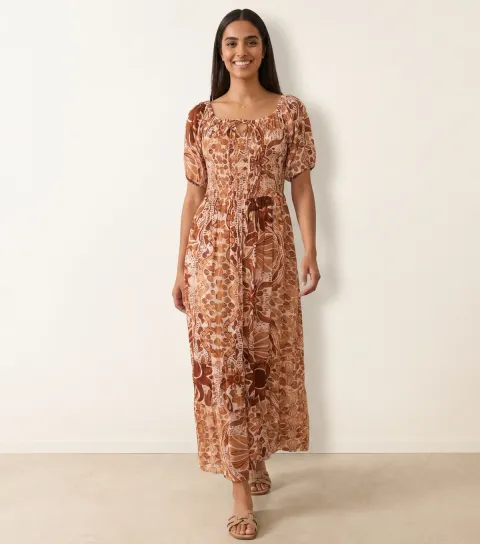 Women's Brown Tie Front Shirred Midi Dress