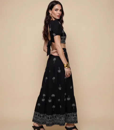Women's Black Open Back Tiered Maxi Dress