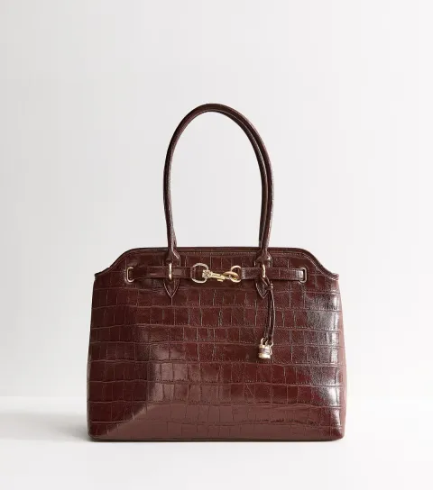 Dark Burgundy Faux Leather Crocodile Embossed Tote Bag
