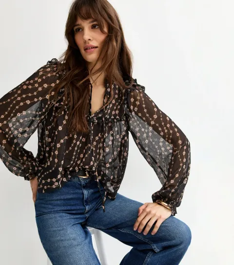 Women's Tall Black Semi Sheer Floral Print Ruffle Bib Blouse