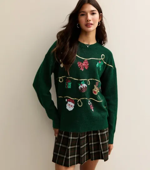 New Look Women's Green Sequin Motif Christmas Jumper