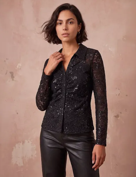 Roman Lace Sequin Collared Blouse Black