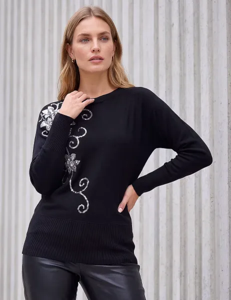 Roman Rayon Rich Sequin Floral Batwing Sleeve Jumper Black Mix