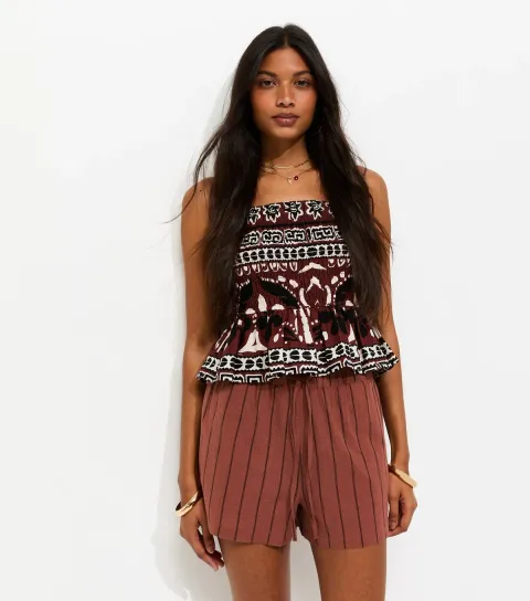 Women's Red Cotton Rich Woven Striped Shorts