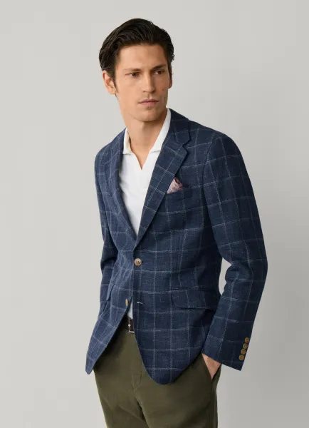Linen-Cotton Windowpane Check Blazer