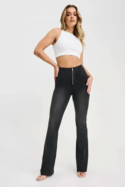 Freddy WRUP Denim with Feature Seam - High Waisted - Bell Bottom Flare - Black + Black Stitching